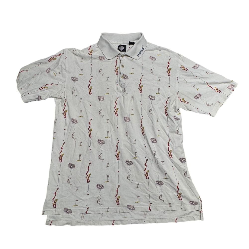 Tabasco McIlhenny Co Vintage Golf Fishing All Over Print Polo Shirt XL White